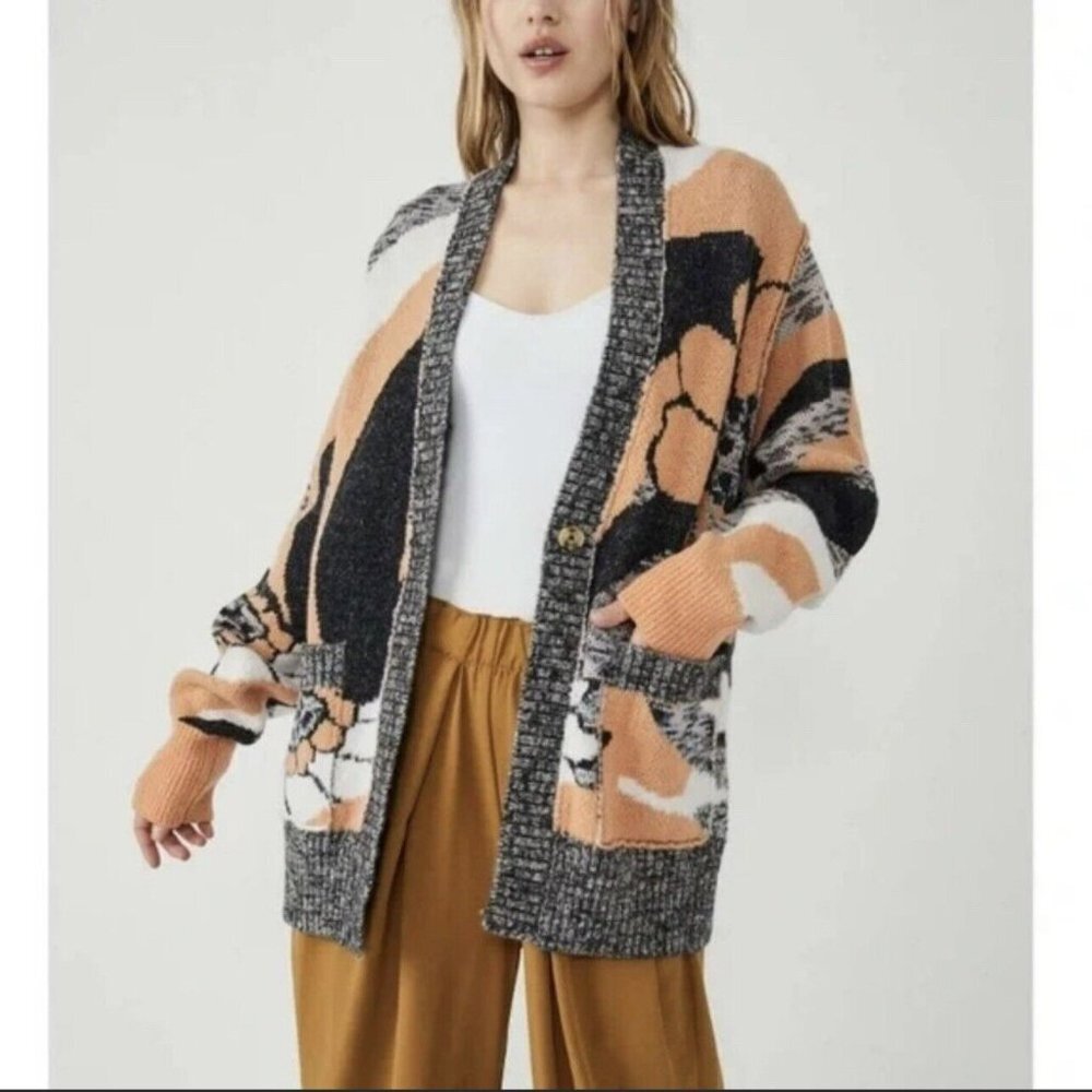 Free People Open Front Button August Cardigan Peach Gray Petals Combo XS NWT